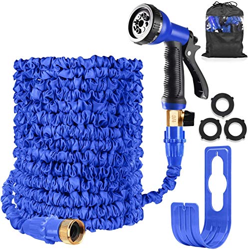 HOMOZE Expandable Garden Water Hose Pipe Expanding Flexible Hose with 8 Function Spray Gun Nozzle Brass Fittings Valve Wall HolderStorage Bag for LawnPetCarBoat Wash (100FT Garden Hose Blue)